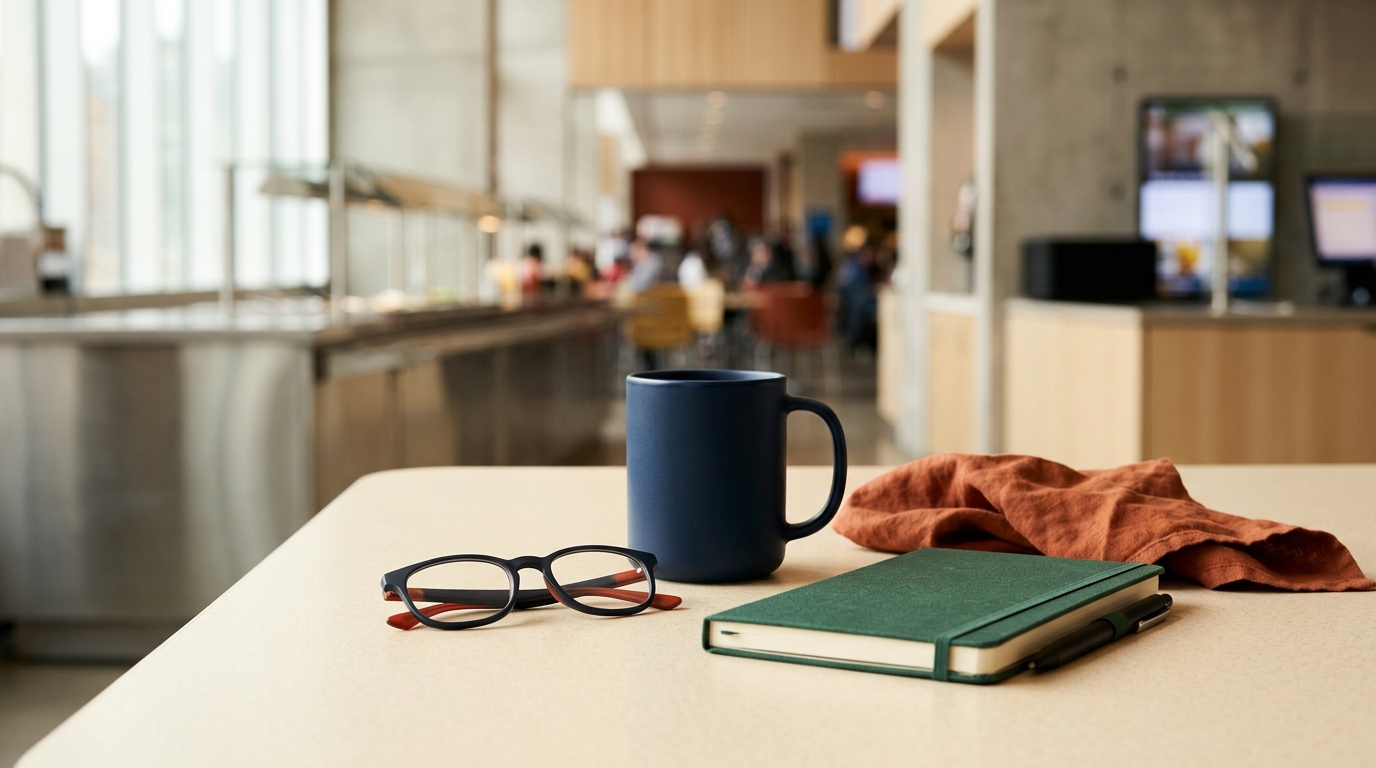 Coffee mug and notebook at a college-union café counter.