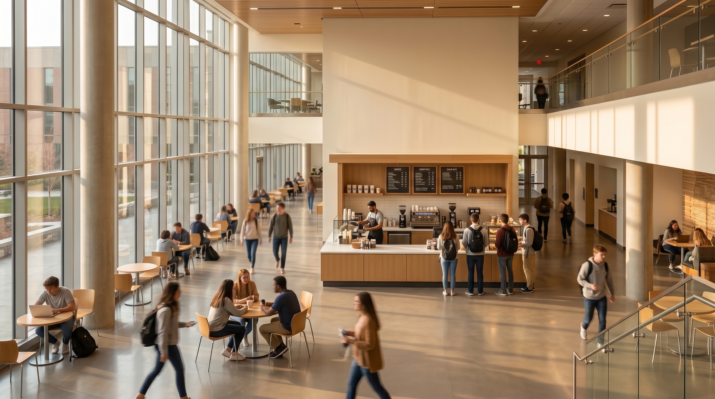 Dining and café seating inside a contemporary college union.