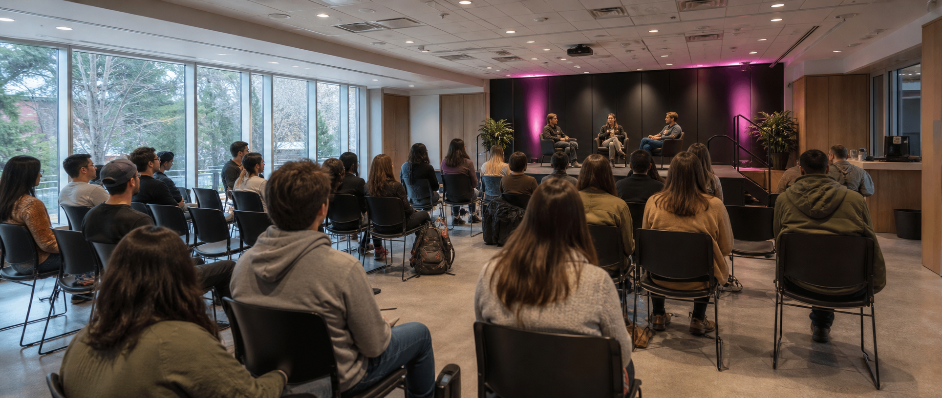A small campus program in a flexible college-union event room.